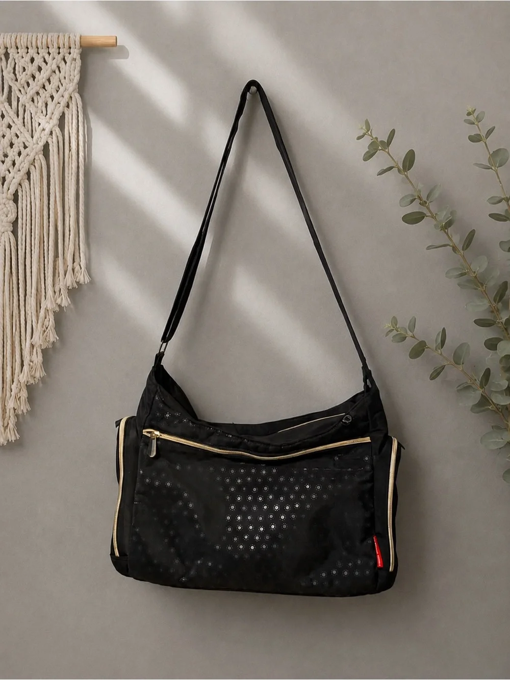 Fisher-Price Black Shoulder Baby Bag with Gold Trim